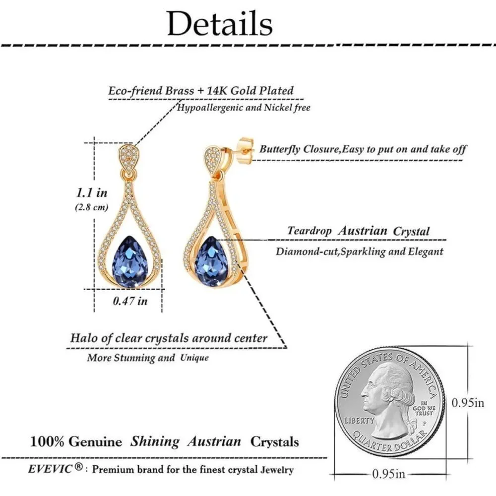 14K Yellow Gold with Blue Sapphire Austrian Crystal Halo Teardrop Post Earrings